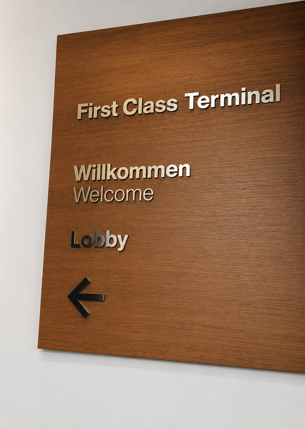 Lufthansa First Class Terminal Frankfurt wooden lobby signage — "First Class Terminal · Willkommen · Welcome · Lobby" with directional arrow