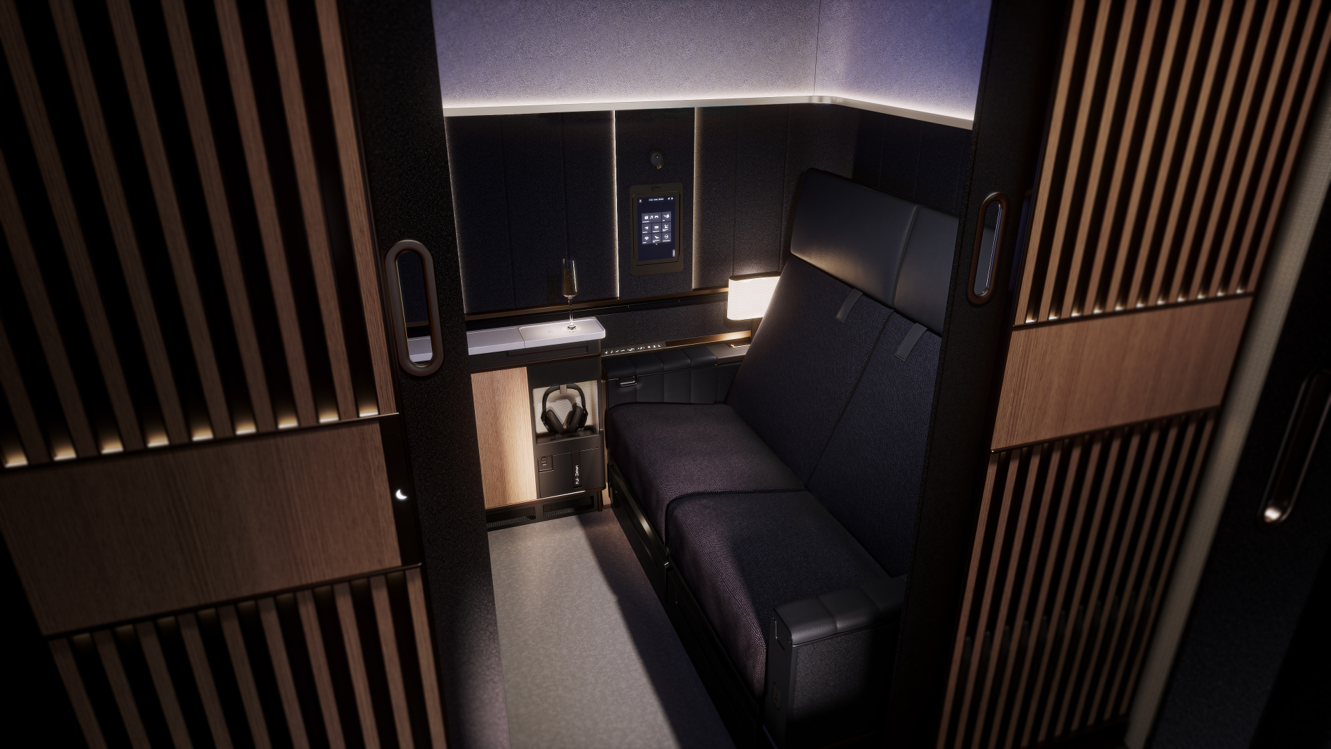 Lufthansa Allegris First Class Suite Plus interior — double seat configuration with sliding privacy doors, ambient lighting, and personal control tablet