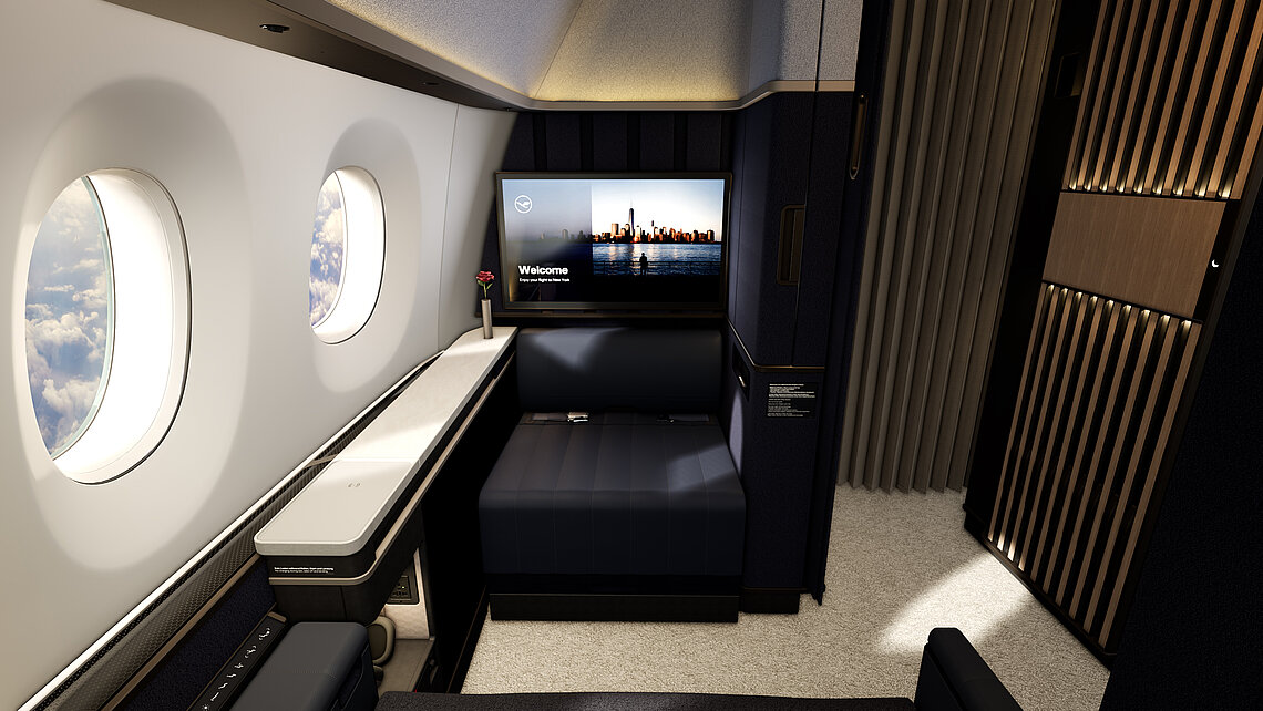 Lufthansa Allegris First Class Suite interior — floor-to-ceiling walls, sliding privacy door, individual suite on Airbus A350-900