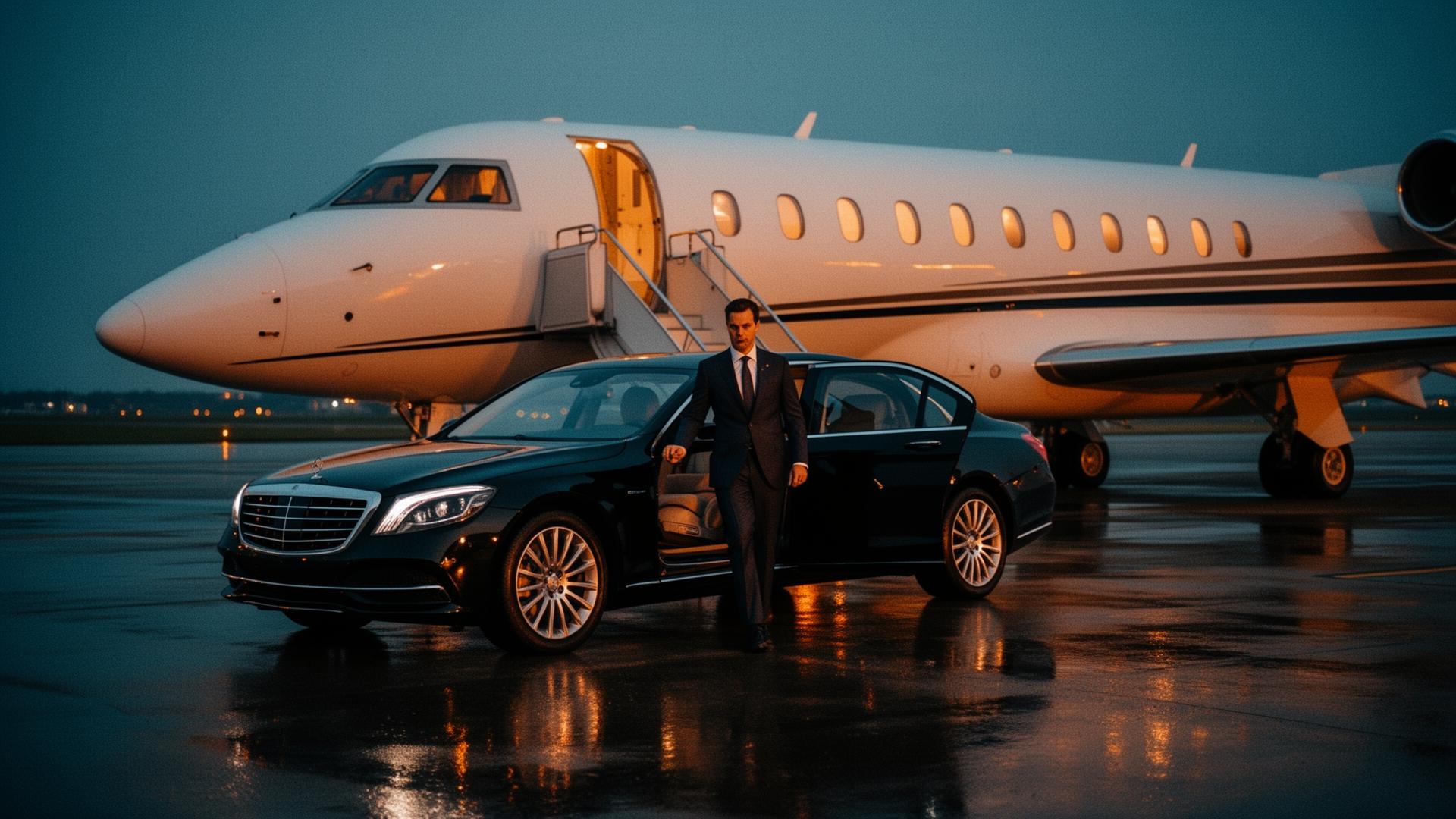 Executive in a quiet airport lounge watching aircraft on the tarmac
